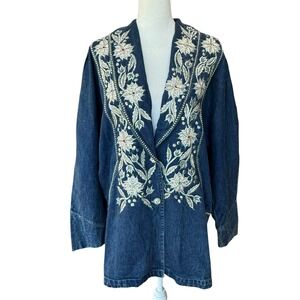 Kokomo Vintage 80s Denim Jacket Embroidered Floral Rhinestone Medium Wash M